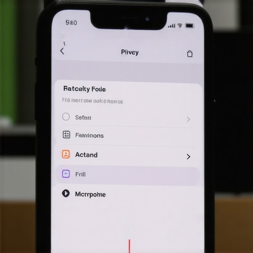 A person checking app microphone permissions on a smartphone in a home office.