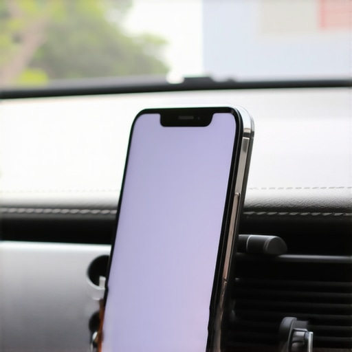 Smartphone mounted on car AC vent for cooling A close up of a smartphone attached to a car air vent to prevent thermal shutdown.