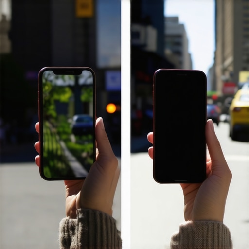 Smartphone screen visibility in direct sunlight A side-by-side comparison of screen glare versus high contrast settings on a mobile phone.