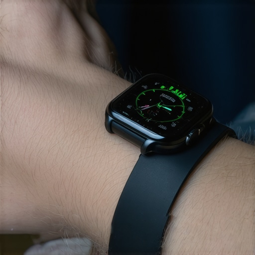 Close-up of a glowing green optical heart rate sensor on the back of a smartwatch being worn on a wrist.