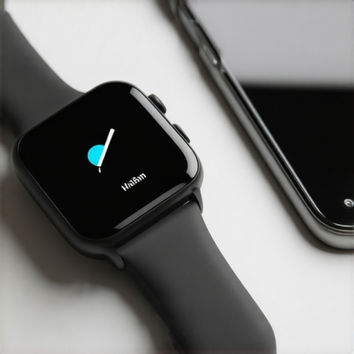 A smartwatch syncing data with a mobile phone on a wooden desk surface