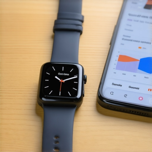 A smartwatch and smartphone successfully syncing data on a wooden desk