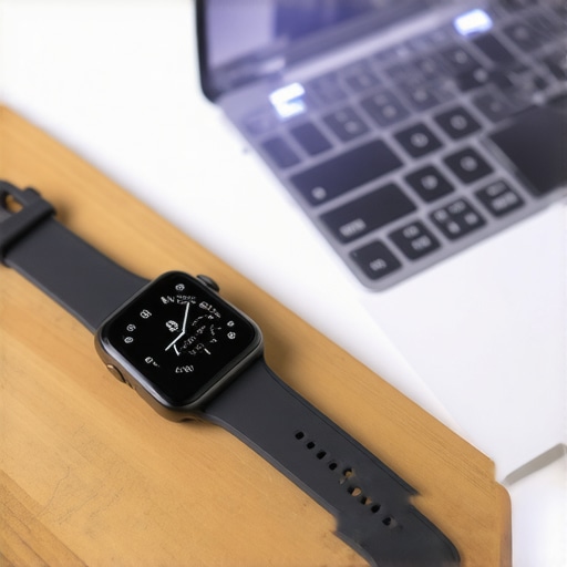 A smartwatch sitting next to a laptop on a wooden desk highlighting wireless signal proximity