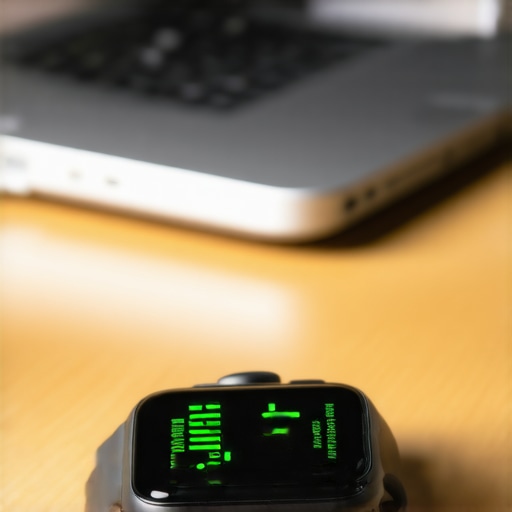 Close up of a green heart rate sensor on a smartwatch sitting on a desk.
