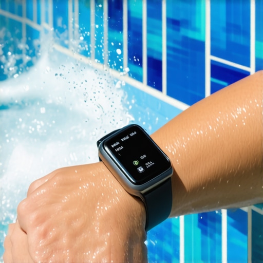 A close-up of a fitness tracker on a swimmer's wrist as they push off a pool wall.