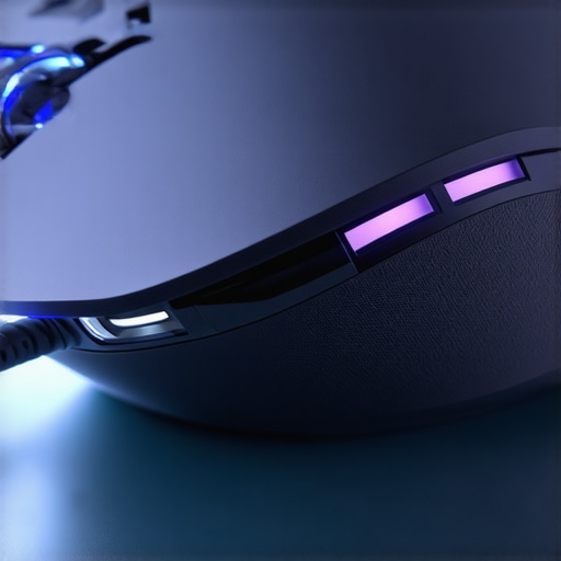 A macro view of an optical mouse sensor reflecting off a clear glass desk surface.