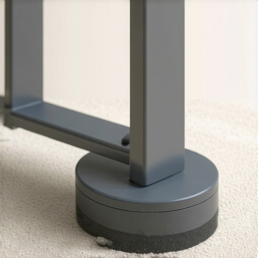 Close-up of a standing desk foot with an isolation pad to prevent shaking