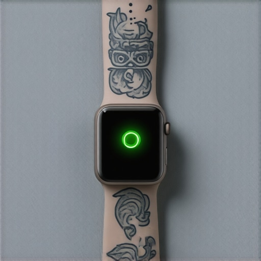 Close-up of a smartwatch sensor flashing green against a tattooed wrist.