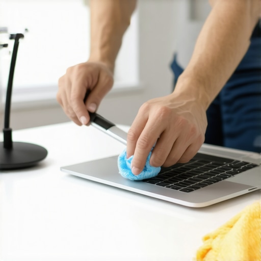 Person cleaning high-end home office gear with specialized tools.