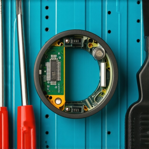 Close up of internal smart ring components and battery on a repair mat