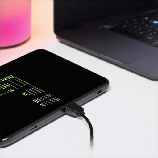A digital USB-C power meter displaying wattage readings while charging a tablet in a home office setup.