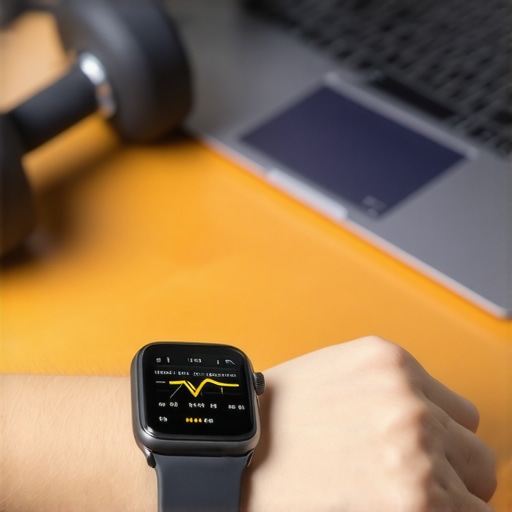 A smartwatch showing heart rate data next to a laptop and gym equipment.