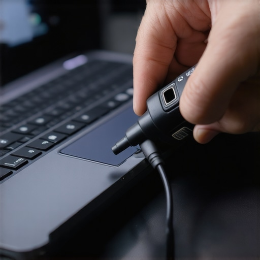 Close-up of a multimeter probe checking a laptop port for electrical stability