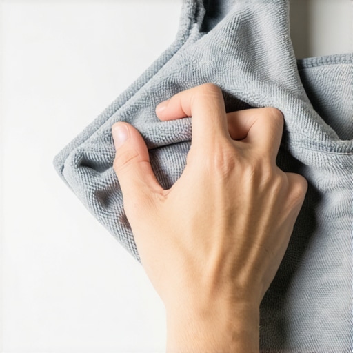 Close-up of cleaning a laptop screen using horizontal linear strokes with a microfiber cloth.