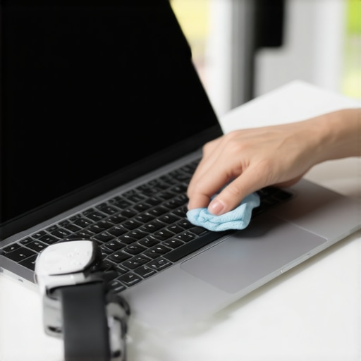 A person cleaning a laptop keyboard with professional tools in a clean home office setting.