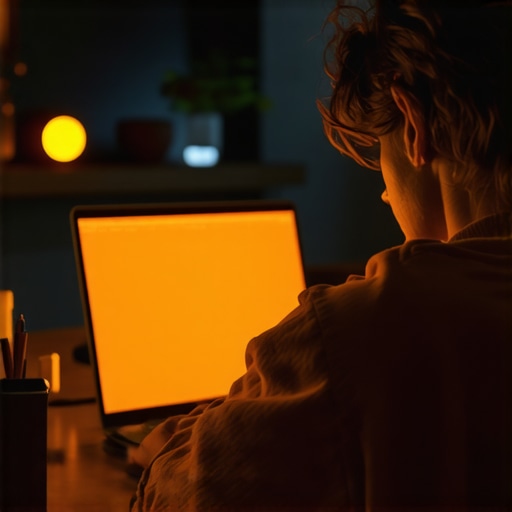 The conflict of smart home sensors and screen color shifts A person frustrated by overlapping smart home device settings and laptop display tinting.