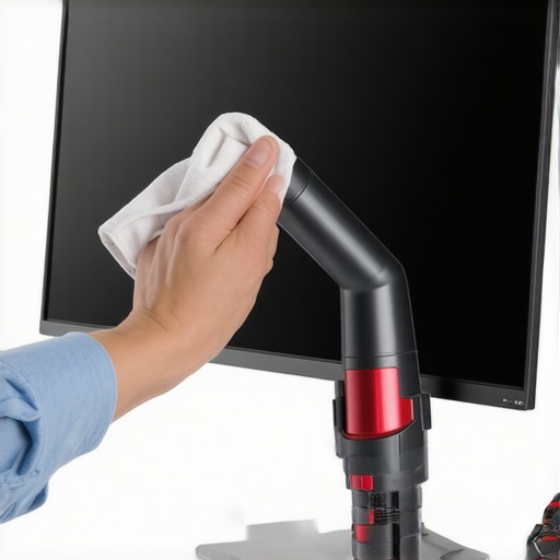 Person tapping a monitor screen while using a vacuum on the vents to remove internal dust