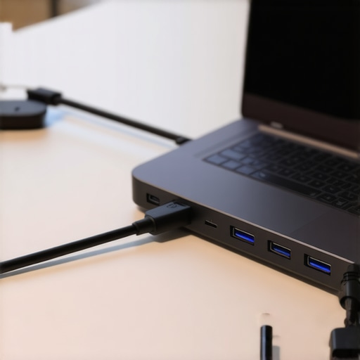 Thermal management of high-performance USB-C hubs A USB-C hub on a desk showing many cables connected, illustrating potential overheating issues.