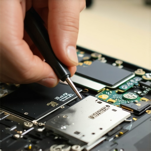 Tightening a Loose Laptop Hinge A person fixing a wobbly laptop screen by tightening the internal hinge screws.