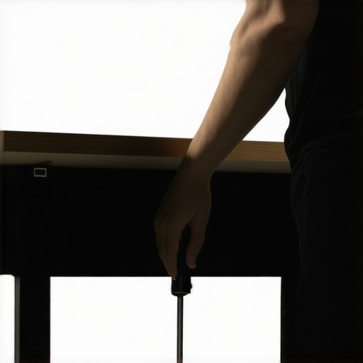 Close-up of person stabilizing a standing desk frame with a hex key