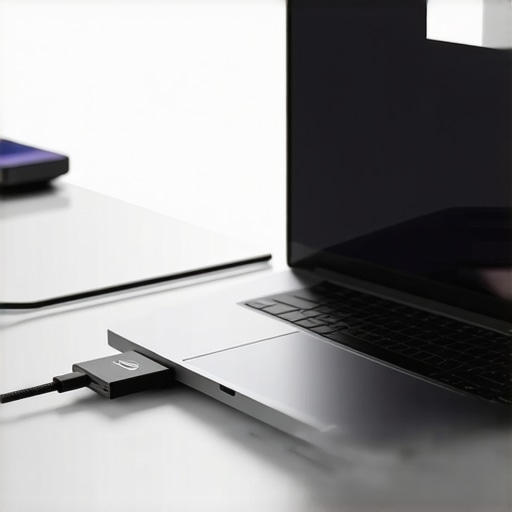Troubleshooting External SSD Connection Issues External SSD connected to a laptop on a professional desk showing data transfer
