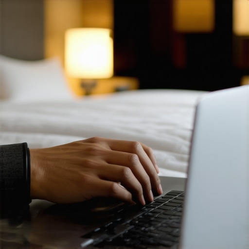 Hands typing on a laptop in a hotel room to fix WiFi connection issues