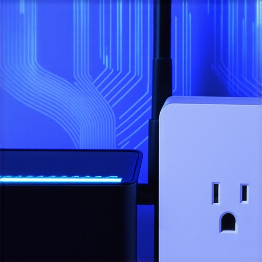 A smart plug and router illustrating Wi-Fi signal interference issues.