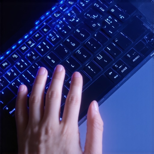 A close-up of a glowing backlit laptop keyboard in the dark