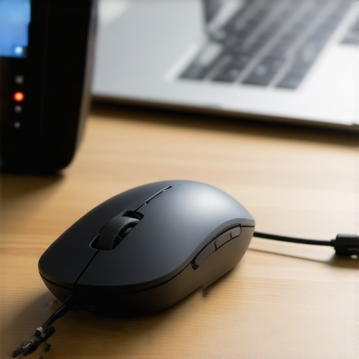 A wireless mouse dongle connected to a short USB extension cable to prevent interference.
