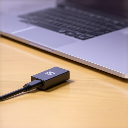 A short USB extension cable being used to separate a wireless mouse dongle from a laptop port