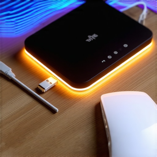 A professional tech photo showing a desk setup with visual representations of signal interference.