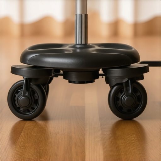 A person installing clear polyurethane rollerblade casters on an office chair base to protect hardwood floors.