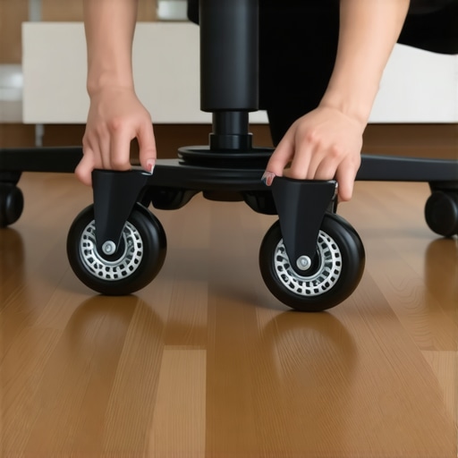 Hands installing rollerblade wheels on an office chair for better glide.