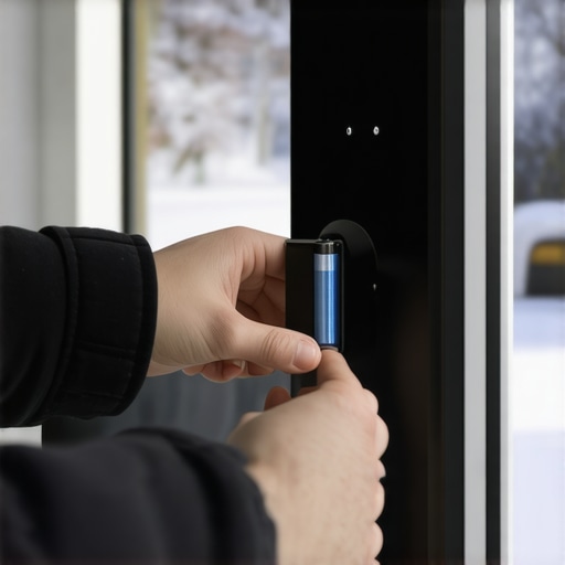 A person replacing smart lock batteries with lithium ones to prevent cold weather failure.