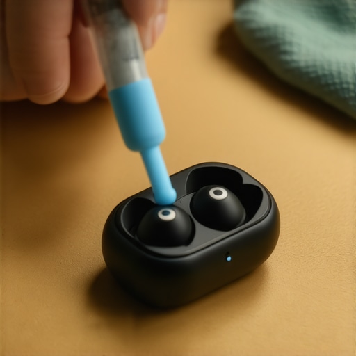 Macro view of blue adhesive putty removing earwax and debris from the speaker mesh of a wireless earbud.