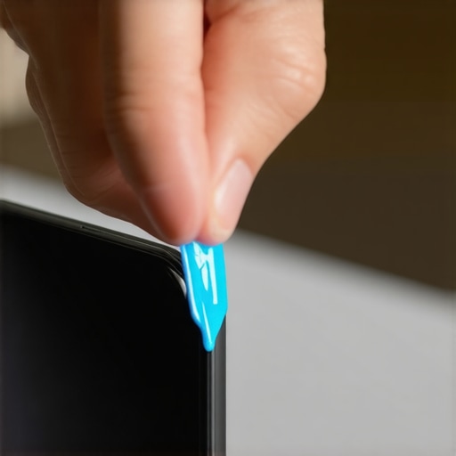 Close-up of blue putty being used to remove lint from a smartphone ear speaker grill.