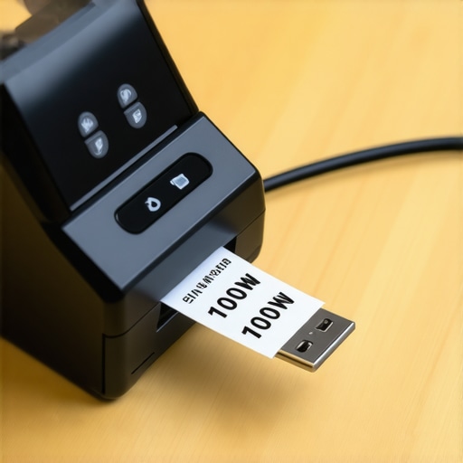 Using a Label Maker for Tech Cables A handheld label maker printing a wattage label for a USB-C cable on a desk.