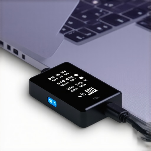 Close-up of a digital USB-C power meter measuring charging speed on a laptop.