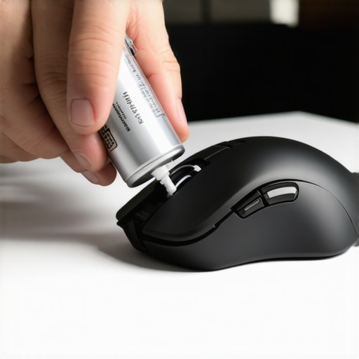 Using electronic contact cleaner for tech maintenance Electronic contact cleaner being applied to a gaming mouse on a desk