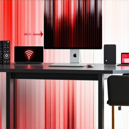 A conceptual illustration of wireless signal interference between a metal desk, smart home hub, and a professional laptop setup.