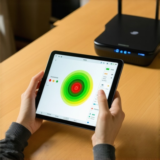 Tablet showing Wi-Fi signal heat map in a home office