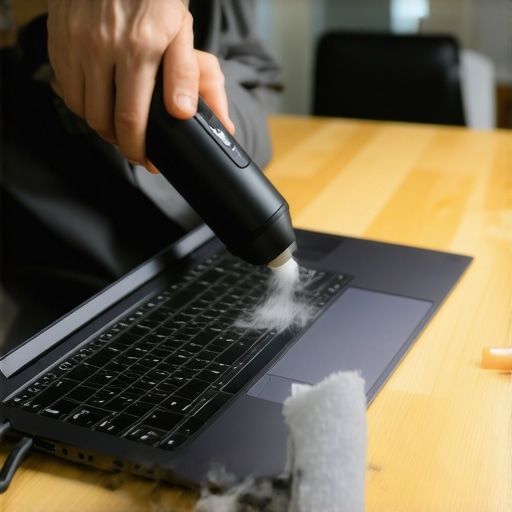 Weekly Tech Maintenance Routine Person cleaning laptop ports and vents with air duster