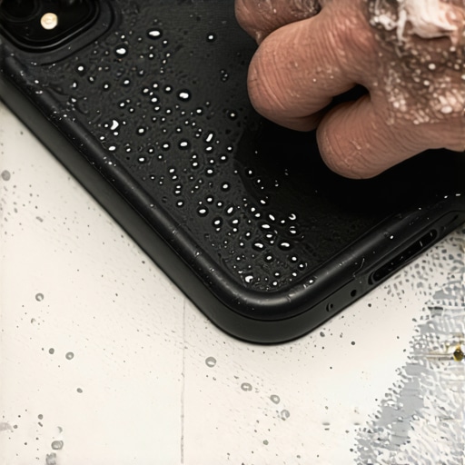 Wet Sanding a Scratched Phone Case A person using wet sandpaper to smooth out a deep scratch on a plastic smartphone case.