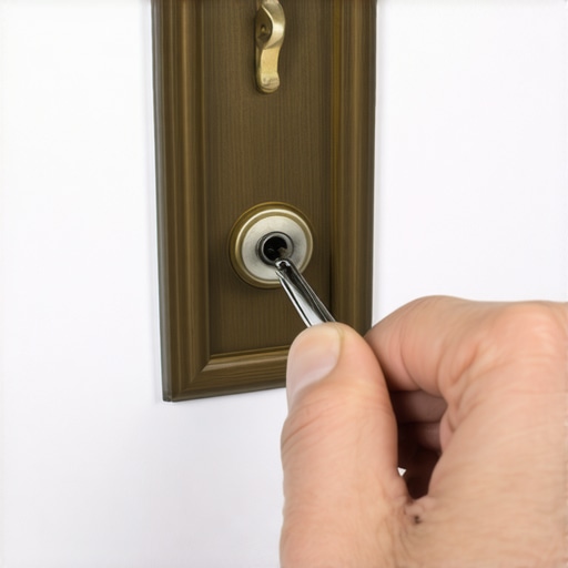 Widening the strike plate for a smart lock Close-up of filing a metal strike plate to prevent a smart lock from grinding.