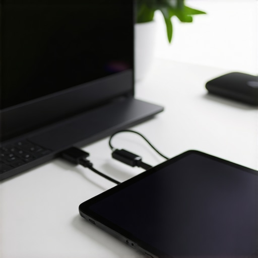 A tablet used as a second monitor connected to a laptop via USB on a clean desk.